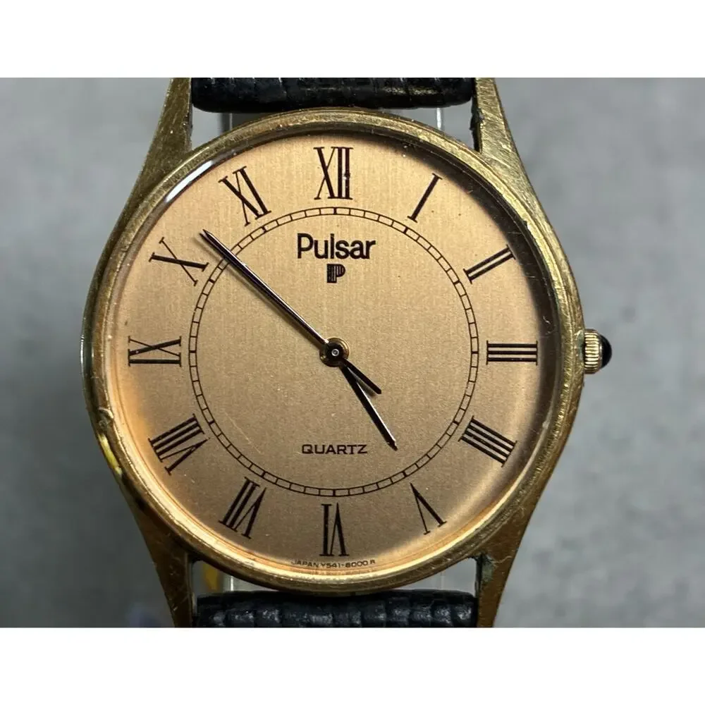 Pulsar Men's Slim Gold Tone Watch Y541-8009 Roman Numeral Dial 33mm Working Rare